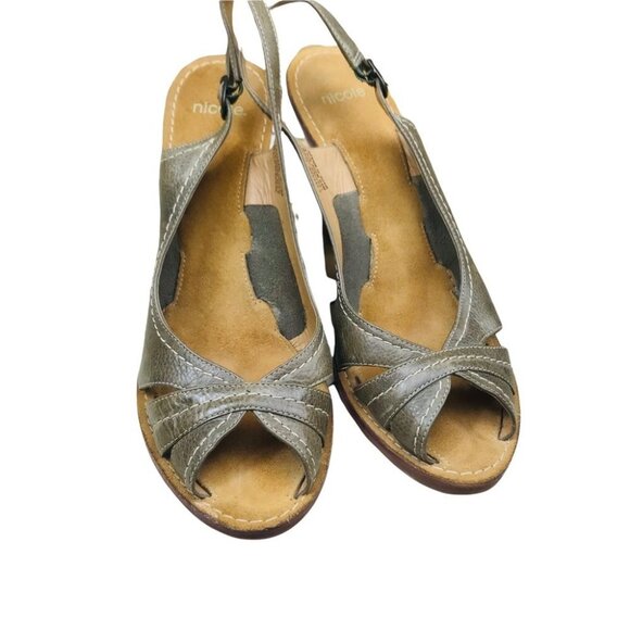 Nicole Lotus Peep Toe Leather Olive wedge Sandals Women size 9.5 - Picture 9 of 15